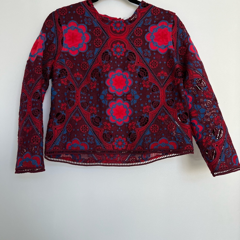 Sandro Red and Blue Floral Lace Top